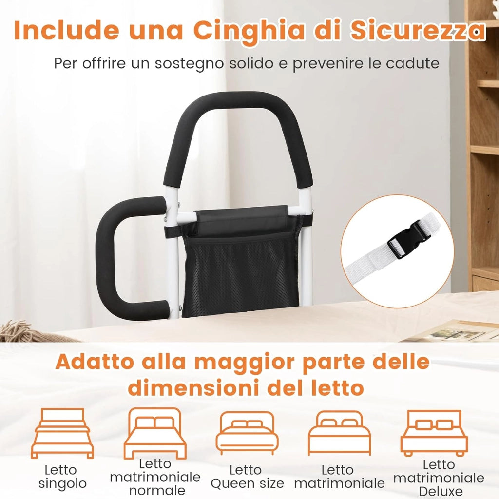 Sponda Letto Anziani Sicurezza Anticaduta, Doppia Impugnatura, Tasca Staccabile, Cinghia Fissaggio, Portata 136 kg, Facile Installazione, per Letti King/Queen (Modello 2)