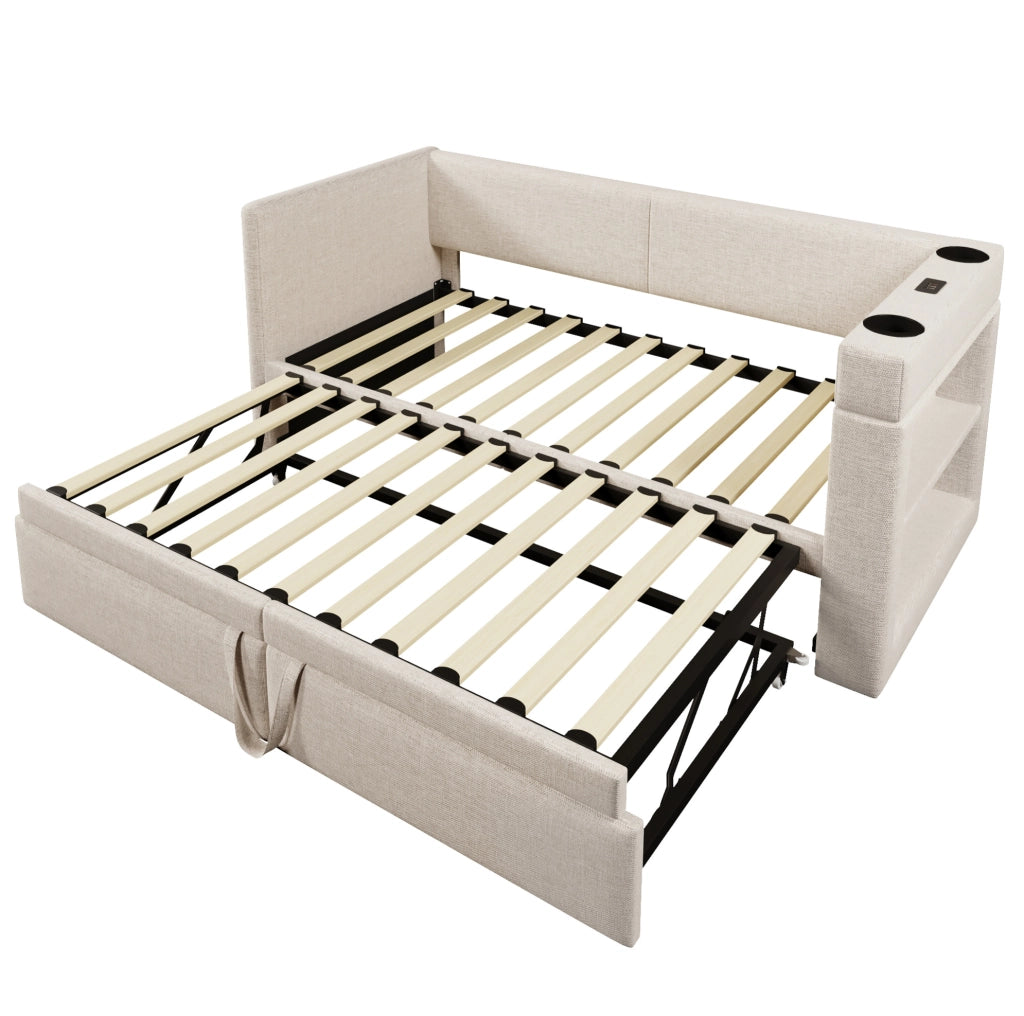 Divano letto ULEVR 90x200 cm con letto estraibile, USB, Type-C e portabevande, beige