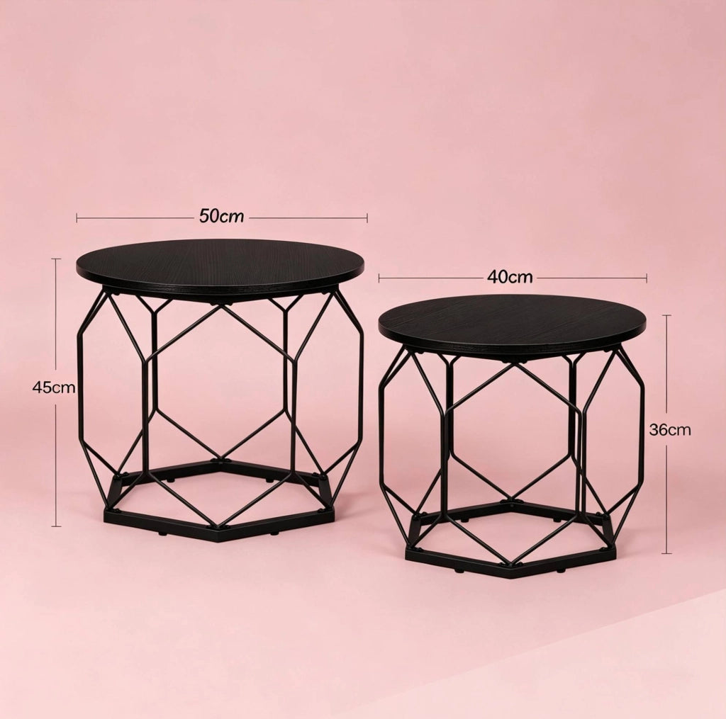 Set 2 tavolini da caffè rotondi con piano rimovibile; metallo e legno nero