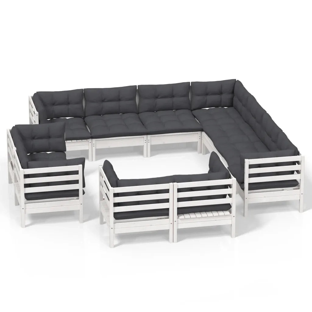 Set Divani da Giardino 11 pz con Cuscini Bianchi Legno di Pino 3096936