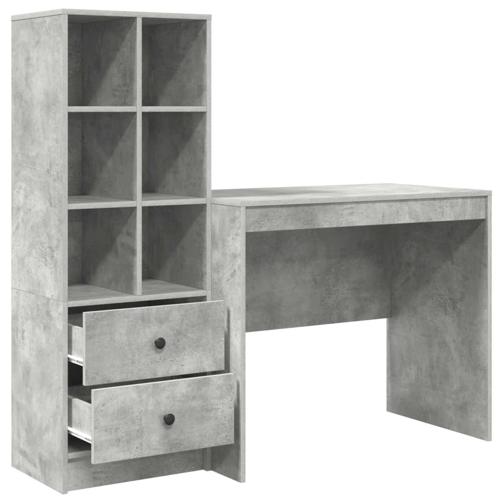 Scrivania | Tavolo da Ufficio con cassetto con lo scaffale 2 pz Grigio cemento