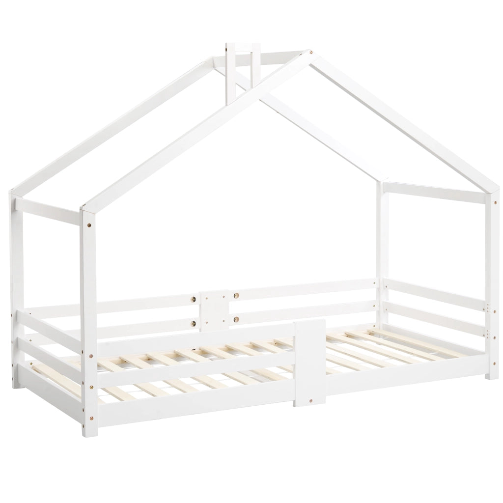 Letto a casa per bambini bianco in legno massello con protezione antiribaltamento 90x200 cm