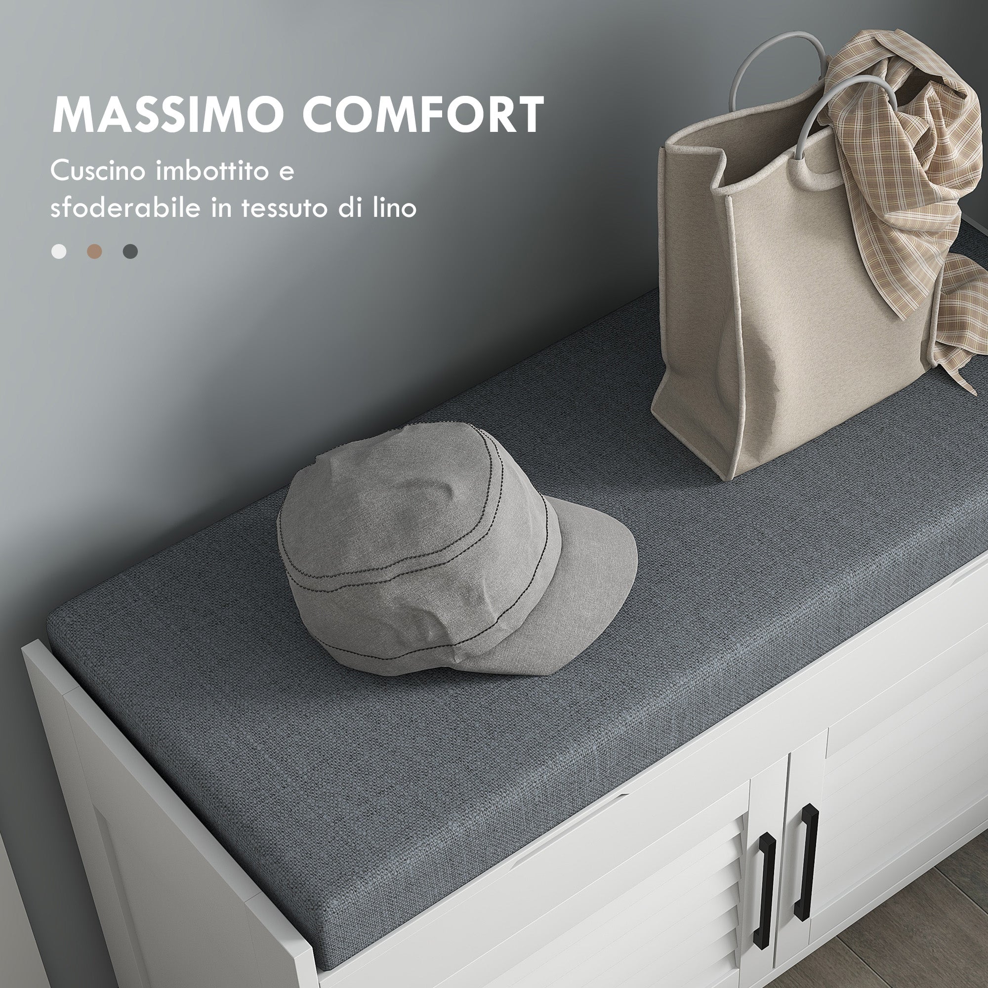 Panca Scarpiera con Vano Contenitore e Ripiani 90x36x50 cm in MDF e Simil Lino Grigio