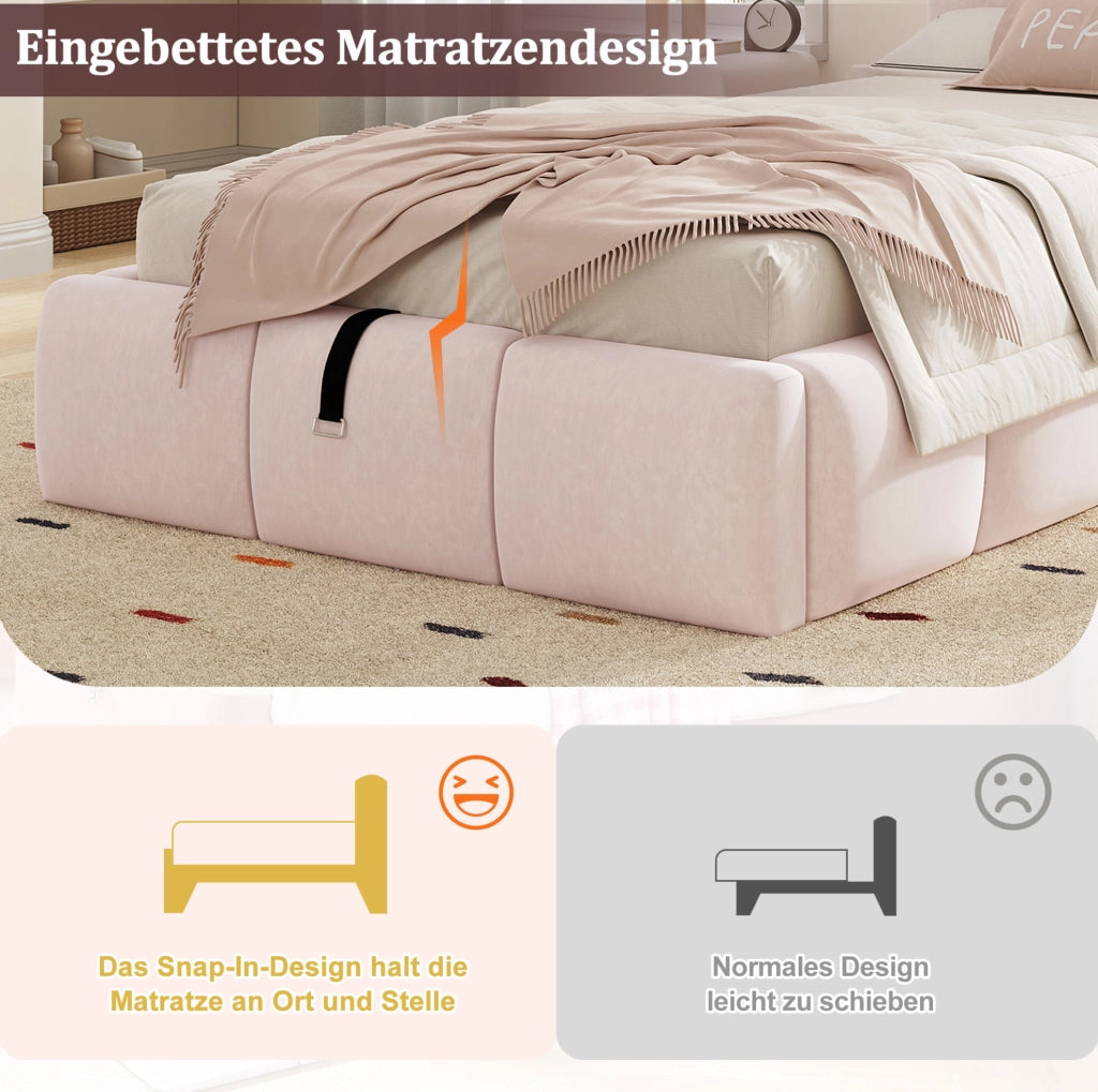 Letto singolo imbottito rosa con vano contenitore e porta USB-C