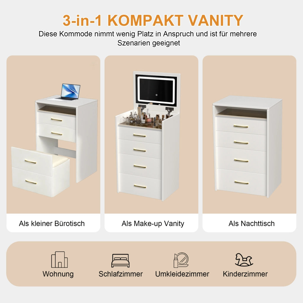 Tavolo da toeletta 3-in-1 con specchio aperto; piano vetro trasparente; 3 cassetti; compatto per camera; Bianco; B60×H118×P40cm