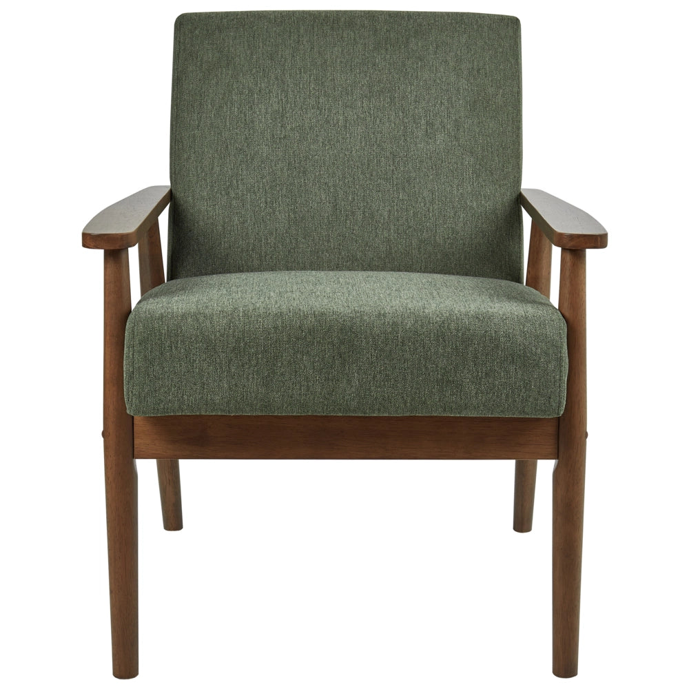 Poltrona da salotto con rivestimento in tessuto boucle verde scuro con struttura in legno stile retrò
