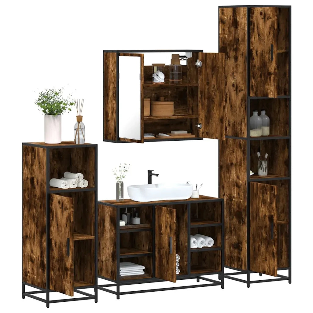 Set Mobili da Bagno 4 pz Rovere Fumo in Legno Multistrato