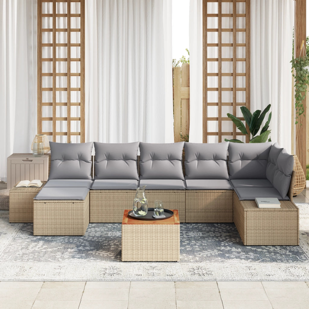 Set di divano da giardino 8 pezzi con cuscini beige in polyrattan e acacia