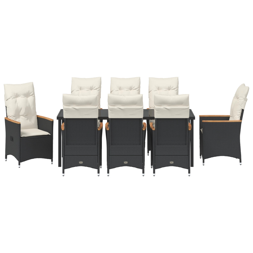 Set da Pranzo da Giardino in 9 Pezzi con Cuscini Nero Polyrattan