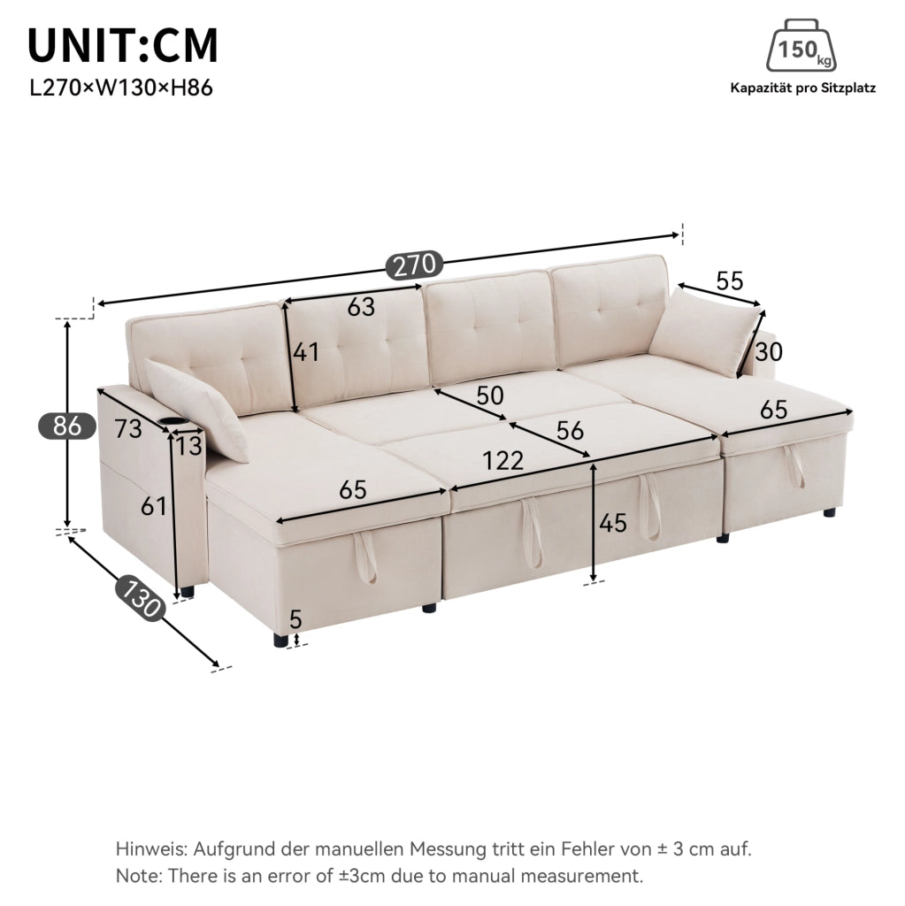 Divano letto a U con contenitori; portabicchieri e 2 cuscini; 270x130x86 cm; beige effetto lino