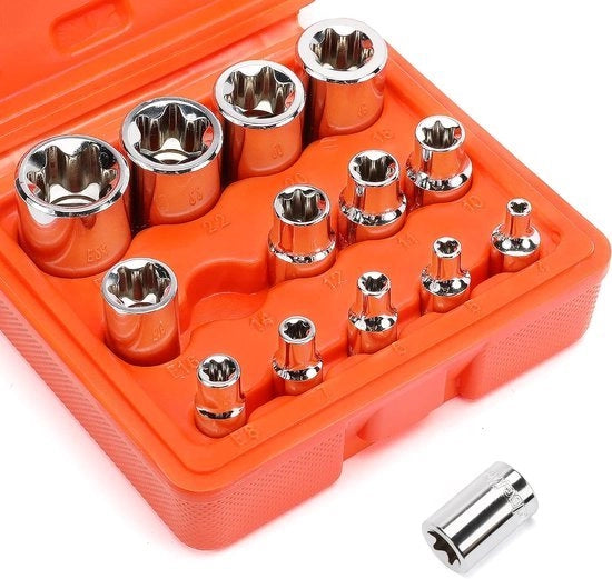 Set di chiavi a dente 1/4 "3/8" 1/2" in Cr-V con profilo E per chiavi a dente, con valigetta da 14 pezzi per riparazioni DIY di bicicletta e auto