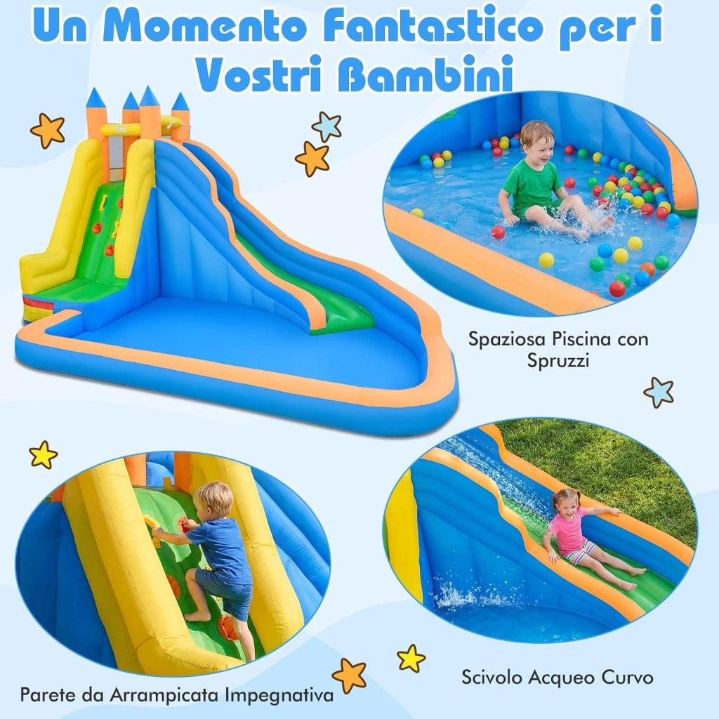Castello Gonfiabile per Bambini, 3 in 1 Giochi Gonfiabili con Scivolo, Piscina e Parete di Arrampicata, Parco Acquatico da Esterno per Giardino e Prato, per Bmbini 3-12 Anni