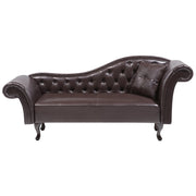Chaise longue marrone in ecopelle con bottoni imbottiti braccioli arrotolati a versione destra con cuscino