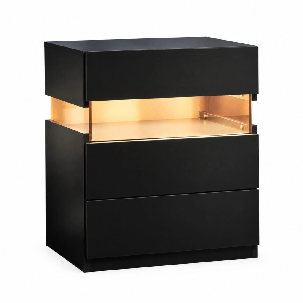 Comodino LED nero con 3 cassetti e pannello acrilico
