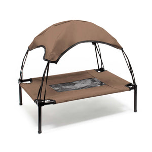 Brandina per cani e gatti con tettoia marrone, cuccia per cani max 50kg, lettino da esterno per animali con tettuccio parasole, 122x91x16cm