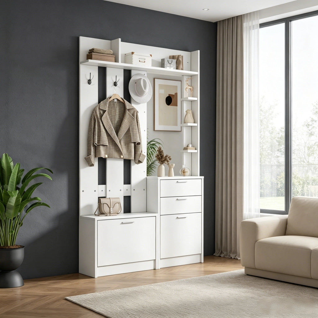 Garderobenschrank multifunzionale bianco 110¡Á34¡Á185 cm con specchio, 2 cassetti, 2 scarpieri ribaltabili e 3 ganci