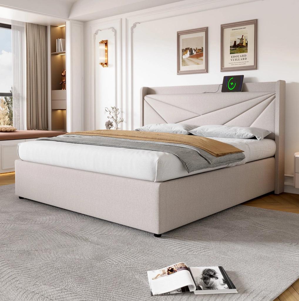 Letto matrimoniale contenitore 180x200 cm in cotone e lino con USB e USB-C beige HAVRYA