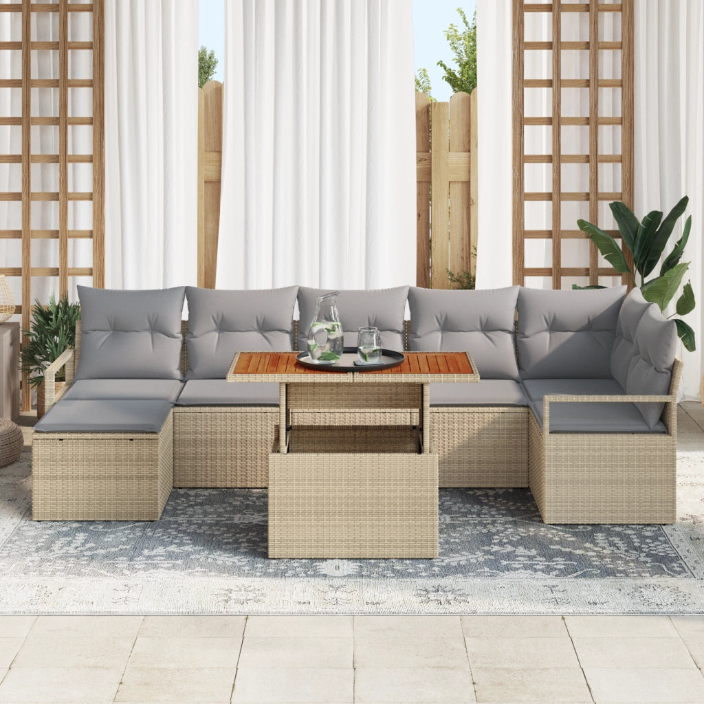Set Divano da Giardino 8 Pezzi con Cuscini Beige in Rattan Poliestere Acacia