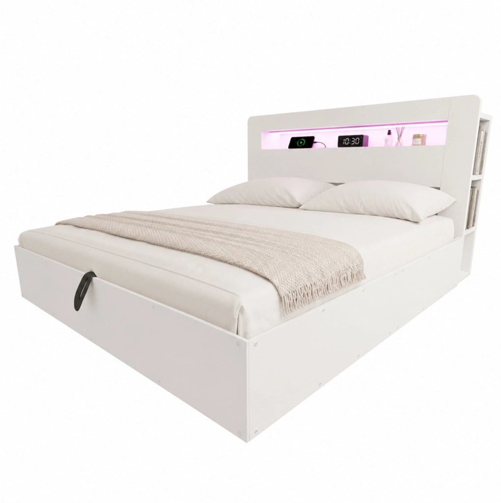 Letto matrimoniale contenitore 180x200 cm in legno bianco con LED; prese e testiera con ripiani
