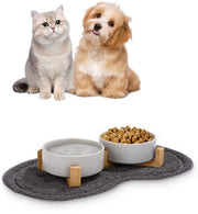 Ciotola per cani, ciotola per gatti in ceramica, ciotola doppia per cani e gatti con base in bambù e fondo antiscivolo (400 ml, 2 grigio)