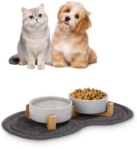 Ciotola per cani, ciotola per gatti in ceramica, ciotola doppia per cani e gatti con base in bambù e fondo antiscivolo (400 ml, 2 grigio)