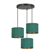 Lampadario Tondo 3 Luci Ganesha In Acciaio Nero E Paralumi In Tessuto Verde