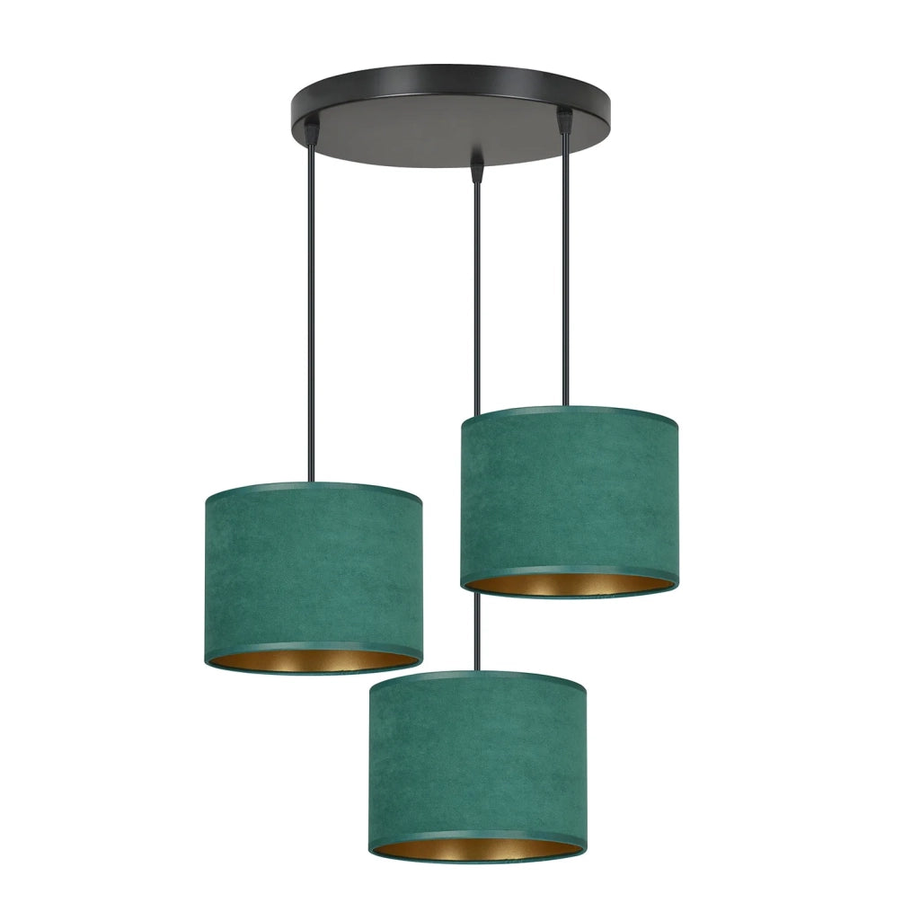 Lampadario Tondo 3 Luci Ganesha In Acciaio Nero E Paralumi In Tessuto Verde