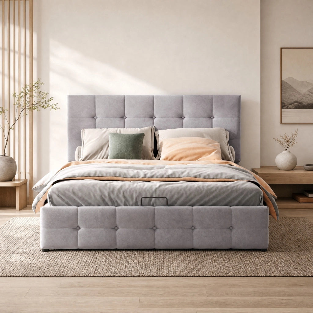 Letto imbottito con contenitore idraulico in velluto grigio