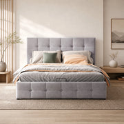 Letto imbottito con contenitore idraulico in velluto grigio