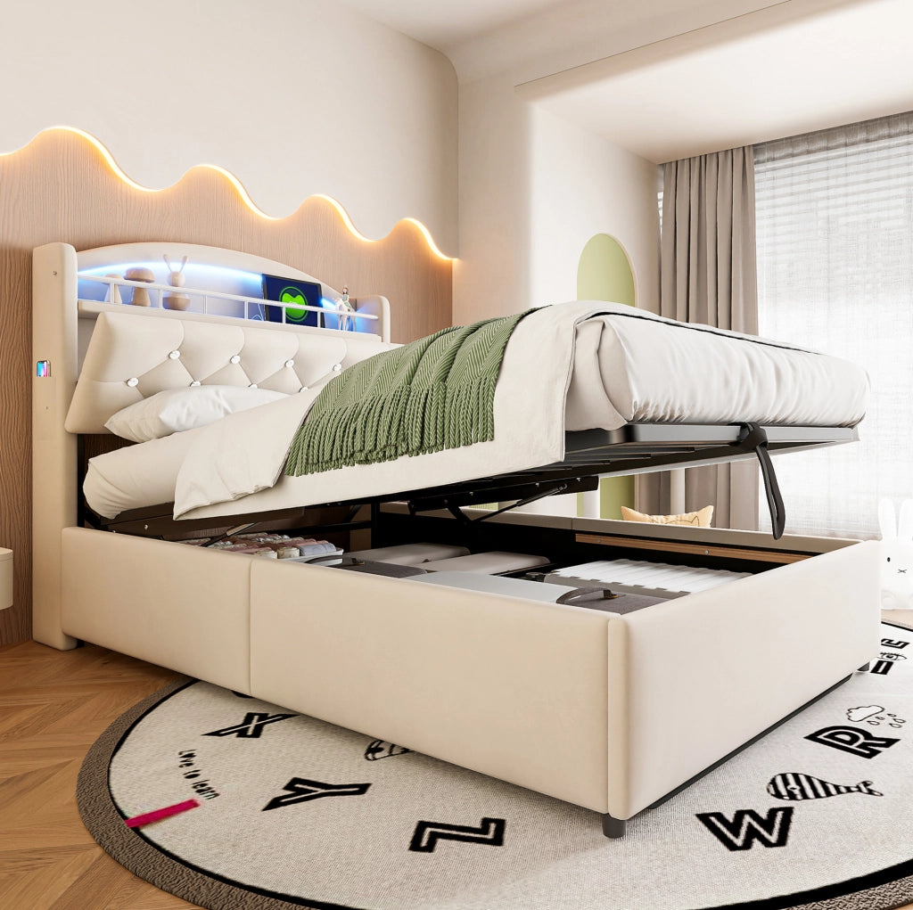 Letto imbottito per bambini 90x200 cm in velluto beige con LED; USB e vano contenitore