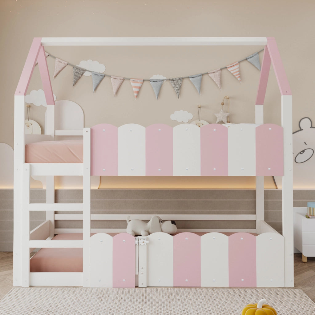Letto a castello per bambini 90x200 cm a casetta con protezioni; rosa e bianco