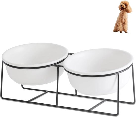 Ciotola per Cani Elevata - Doppio Compartimento Ceramico - Ciotola per Cani con Standard - Adatta anche per Gatti - 850 ml × 2 - Igiene e Lavastoviglie