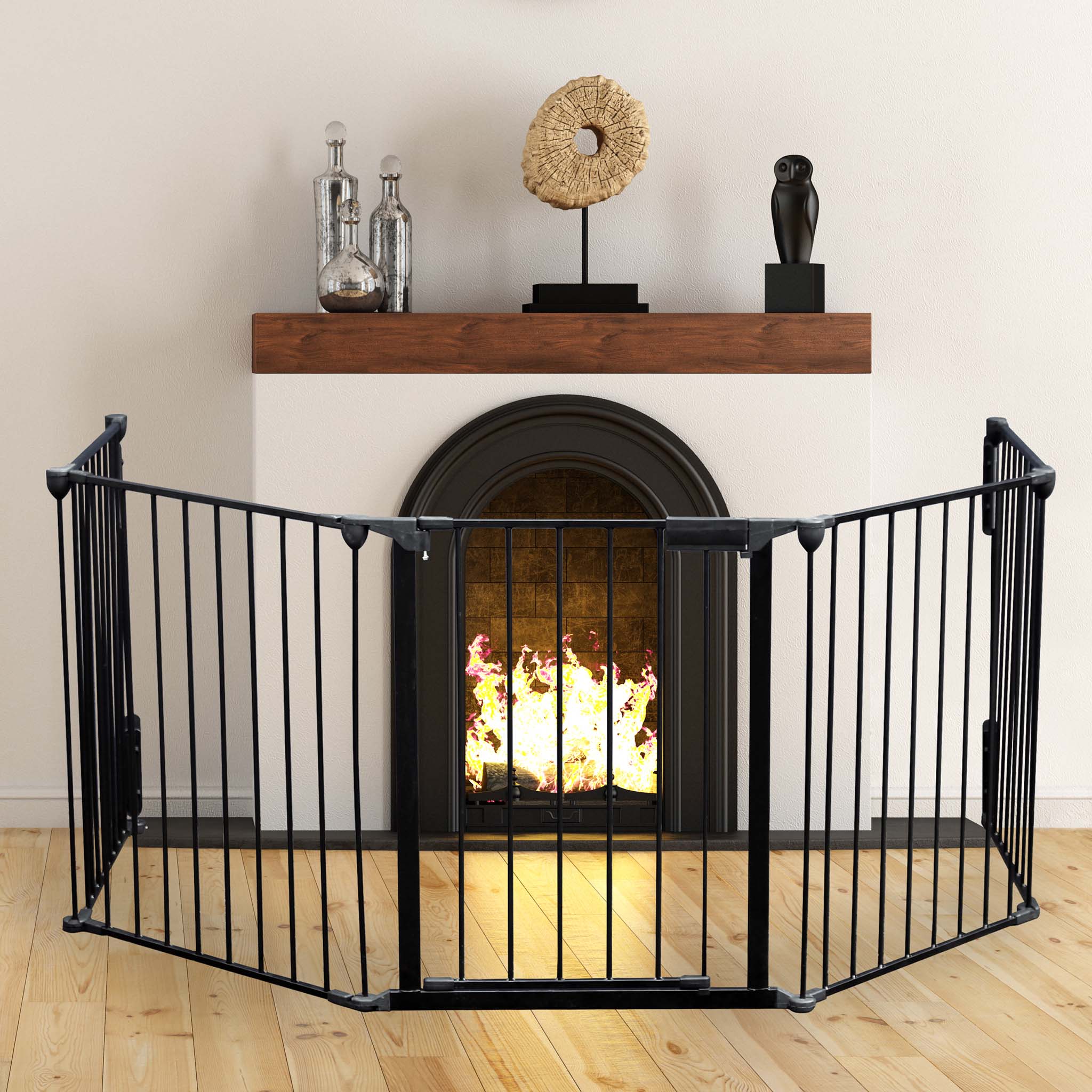 Cancelletto bambini per camino e stufa, nero, 5 elementi, 310 cm, montaggio a parete, Barriera per caminetto