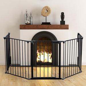 Cancelletto bambini per camino e stufa, nero, 5 elementi, 310 cm, montaggio a parete, Barriera per caminetto