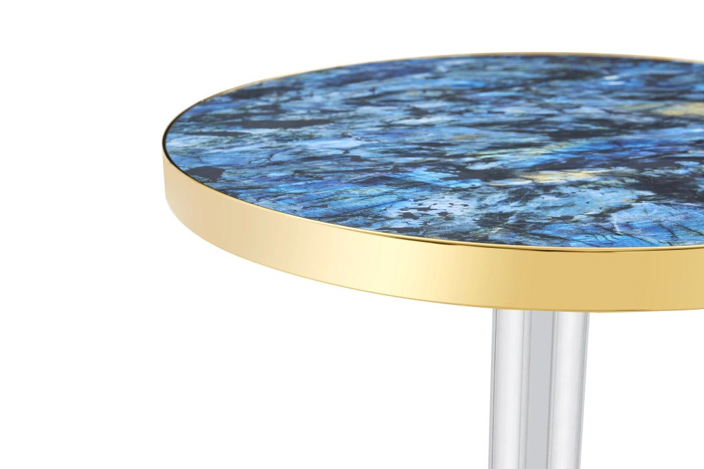 Tavolino basso rotondo con piano effetto marmo e bordo dorato, in MDF e metallo, per soggiorno, blu, 60 × 73,7 cm