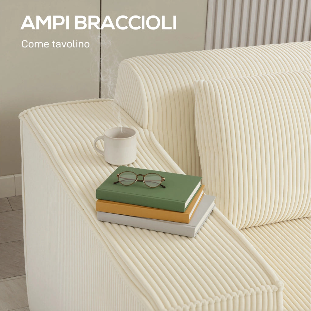 Divano 3 Posti Modulare con Seduta Profonda. Braccioli Larghi e 2 Cuscini in Velluto a Coste. Beige