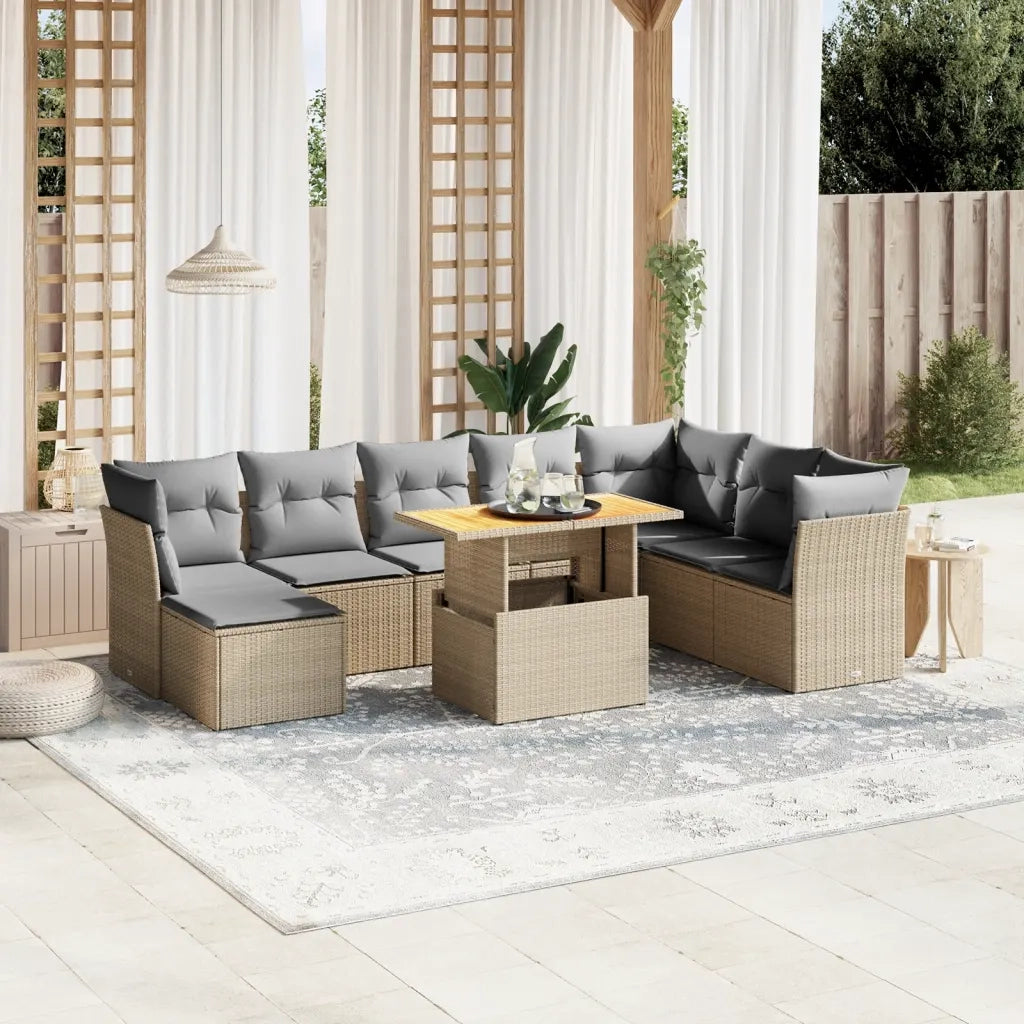 Set Divano da Giardino 9 pz con Cuscini Beige in Polyrattan