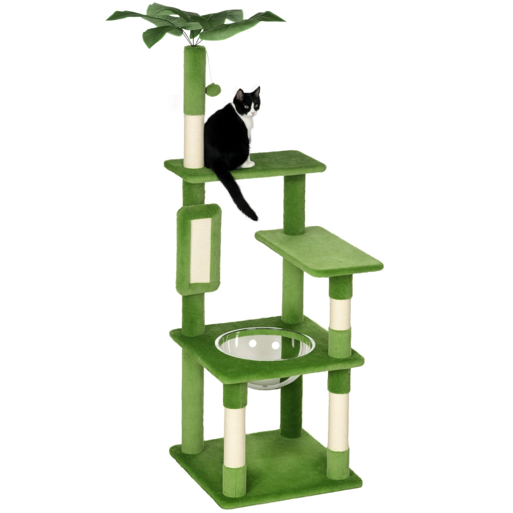 Albero per Gatti Multilivello con Amaca, Tiragraffi, Pallina e Foglie Decorative, 49x49x142 cm, Verde