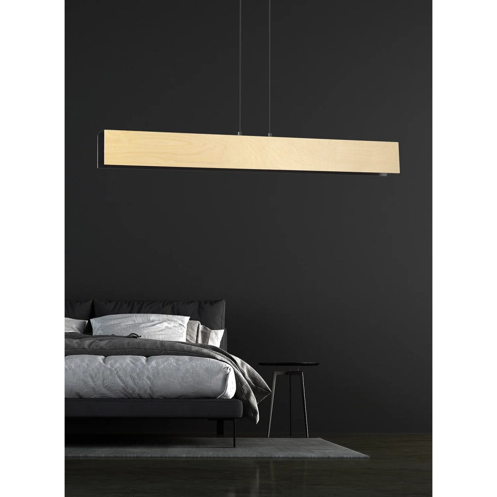 Lampadario 4 Luci Merlino In Acciaio Nero Corpo Rettangolare E Legno Naturale