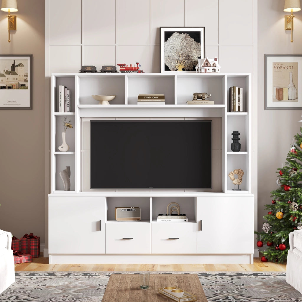 Mobile porta tv con 2 ante, 2 cassetti e 11 vani, per soggiorno, in pannello truciolare, bianco, 180 × 35 × 170 cm