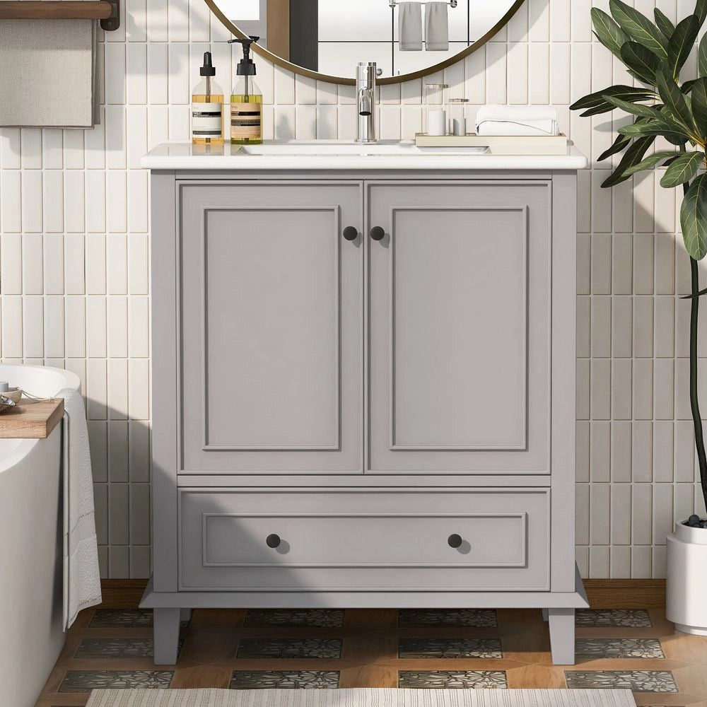 Mobile per bagno con lavabo - Xylo - 76x46x87cm - Grigio - Piedi in legno massello, resistente all'umidit??, ampio spazio di archiviazione