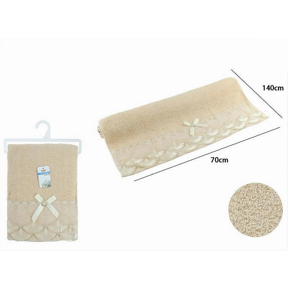 Trade Shop - Asciugamano Bagno Telo Cotone Morbido Decorato 70x140 Cm 380gr Beige Scuro 79510 -