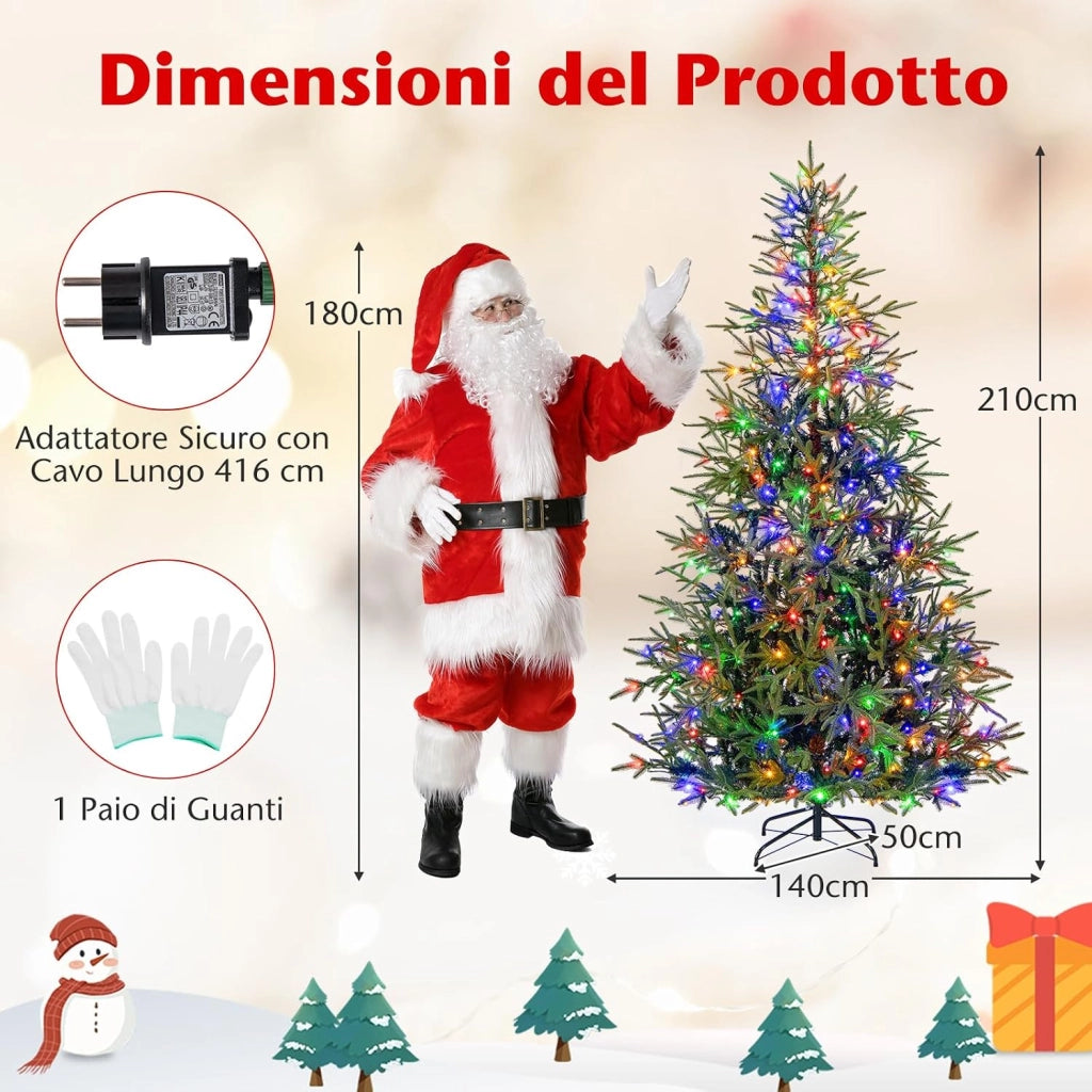Albero di Natale Artificiale Pre-illuminato 210 cm, Albero di Natale con 300 Luci LED Calde e Multicolori, 11 Modalità, 678 Rami PVC e PE, Base Metallica Pieghevole (210 cm)