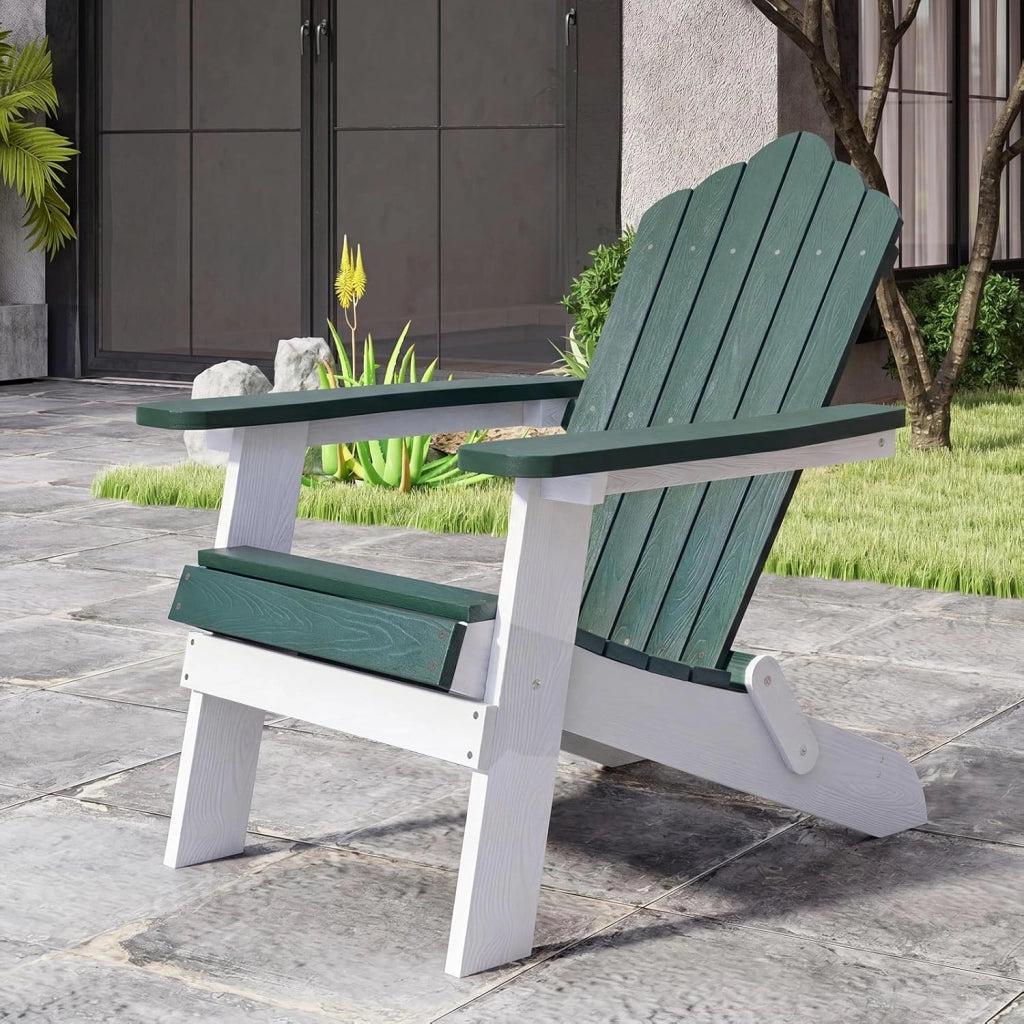 Sedia Adirondack Pieghevole da Giardino, Sedia da Patio in HIPS con Braccioli Larghi e Schienale Inclinato, Poltrona in Legno, per Giardino Cortile, Portata 180 kg (2, Verde+Bianco)
