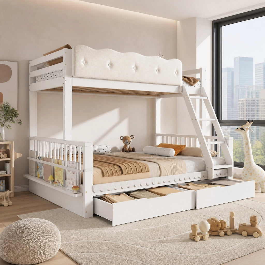 LETTO a castello 90x200/140x200 cm in legno bianco con cassetti e portariviste
