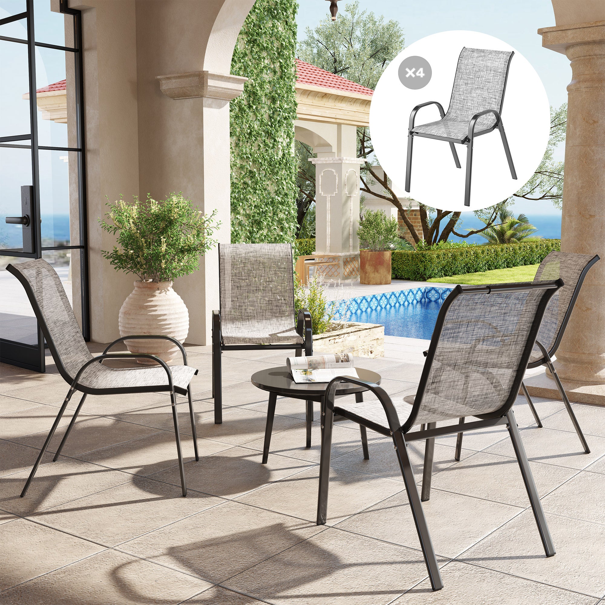 Set 4 Sedie da Giardino 54x71x93 cm Impilabili con Braccioli Curvi in Acciaio e Tessuto Traspirante Grigio