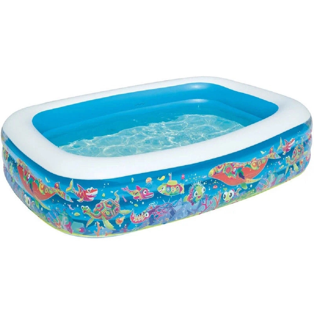 Trade Shop - Piscina Gonfiabile Family Rettangolare 3 Anelli Fantasia Pesci 229x152x56cm 54120 -