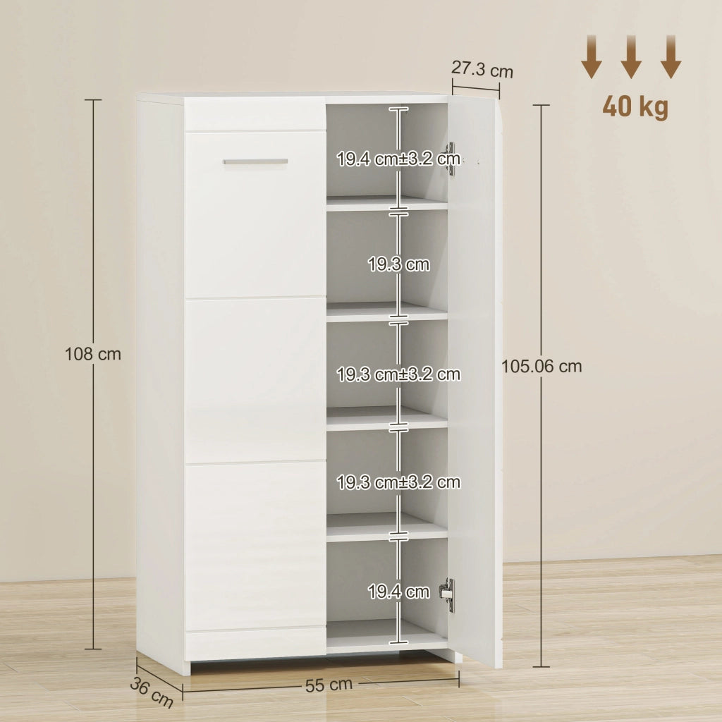 Scarpiera da Ingresso 55x36x108 cm Moderna con 5 Ripiani Regolabili in Legno Bianco Lucido