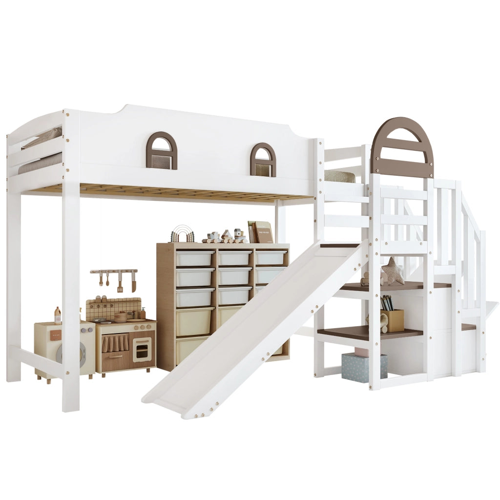 LETTO A CASTELLO CON FINESTRE E SCIVOLO 90 x 200 CM BIANCO