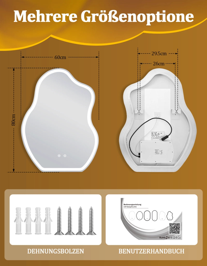 ZMH Specchio da bagno LED asimmetrico 60x80 cm IP44 interruttore touch antiappannante dimmerabile 3000K-6500K parete